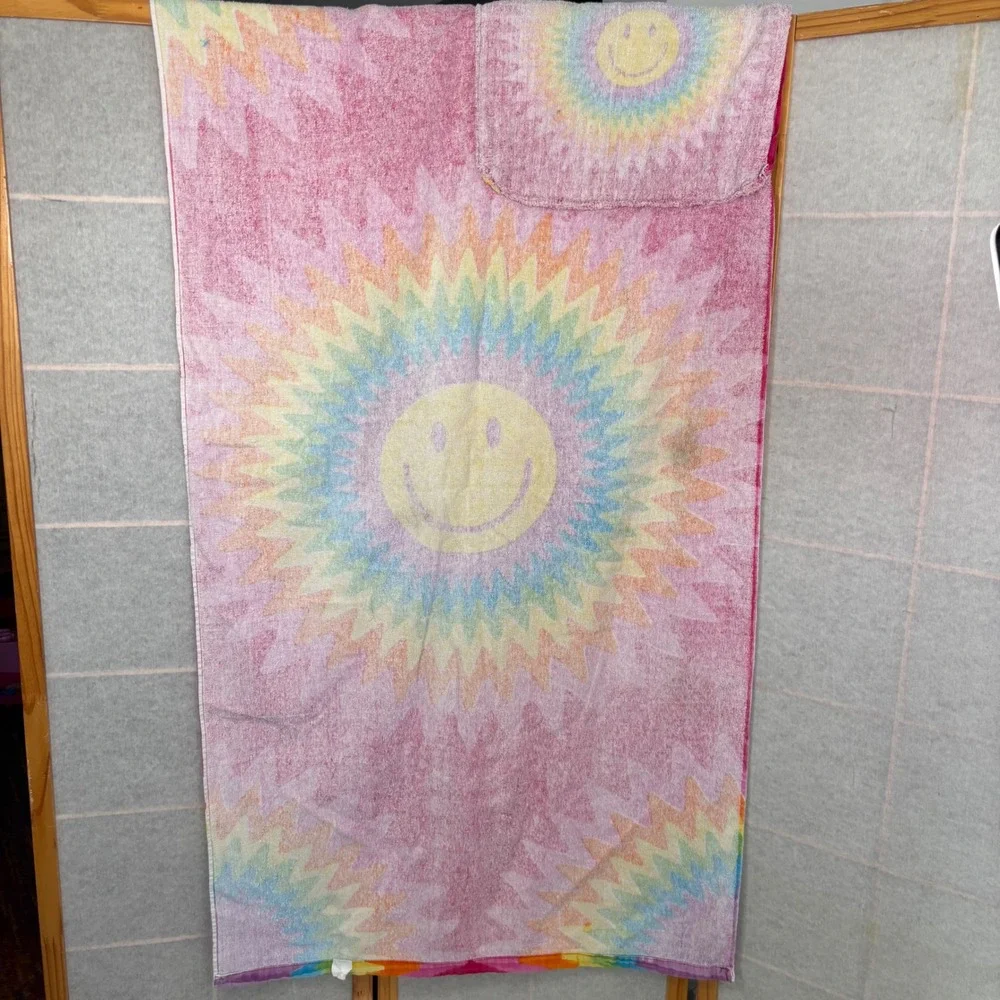 VTG Retro Groovy Rainbow Smiley‎ Face Beach Towel Drawstring Bag Pink 100 Cotton